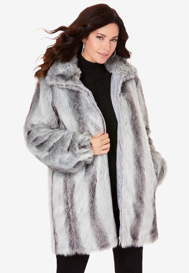 Plus Size Mid-Length Hooded Faux Fur Coat - Main Image