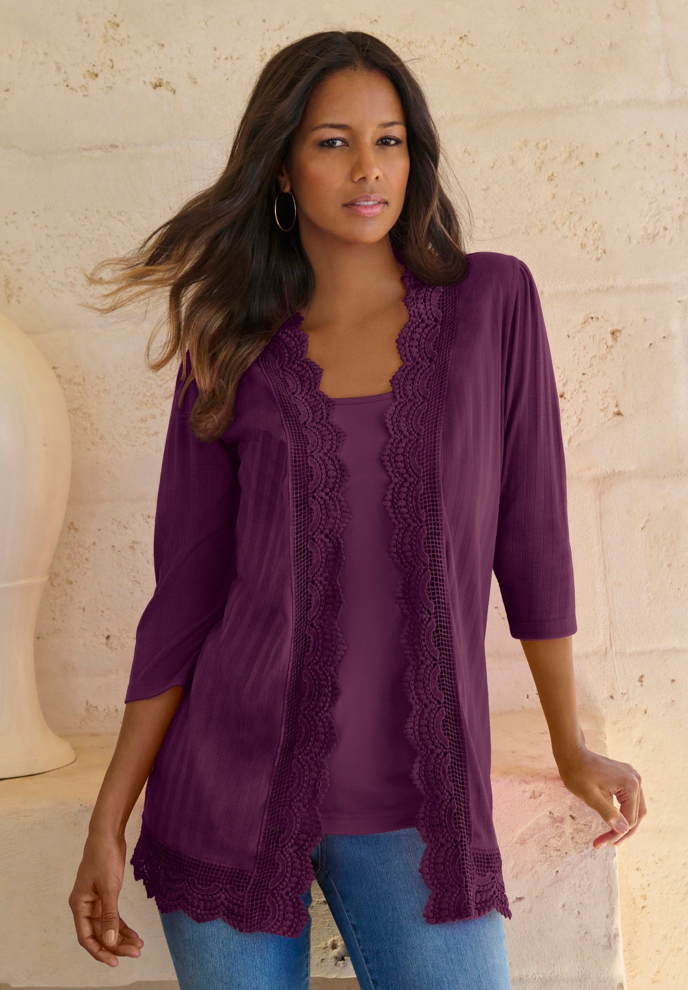 Plus Size Crochet Trim Pointelle Cardigan image number 0