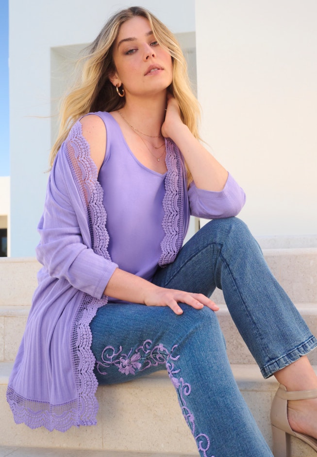 Crochet Trim Pointelle Cardigan image number 5