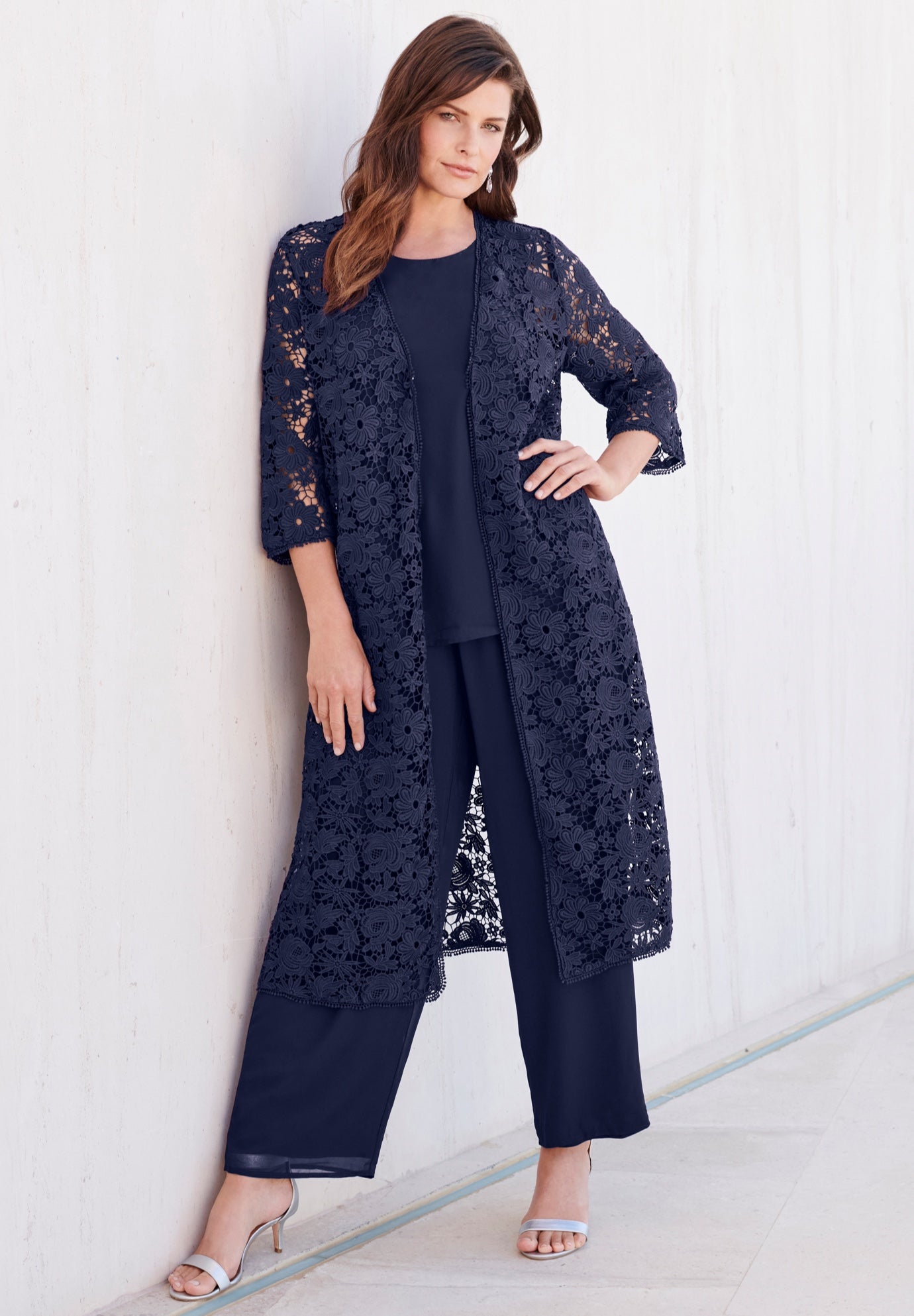 Extended Plus Size 3-Piece Allover Lace Duster Pant Set &ndash; Formal Wear image number 0