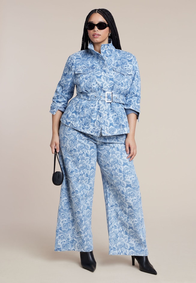 Lace Printed Denim Belted Jacket image number 2