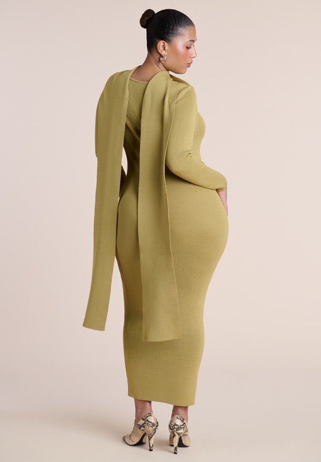 Wrap Scarf-Detail Sweater Midi Dress image number 1