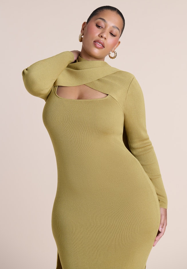 Wrap Scarf-Detail Sweater Midi Dress image number 3