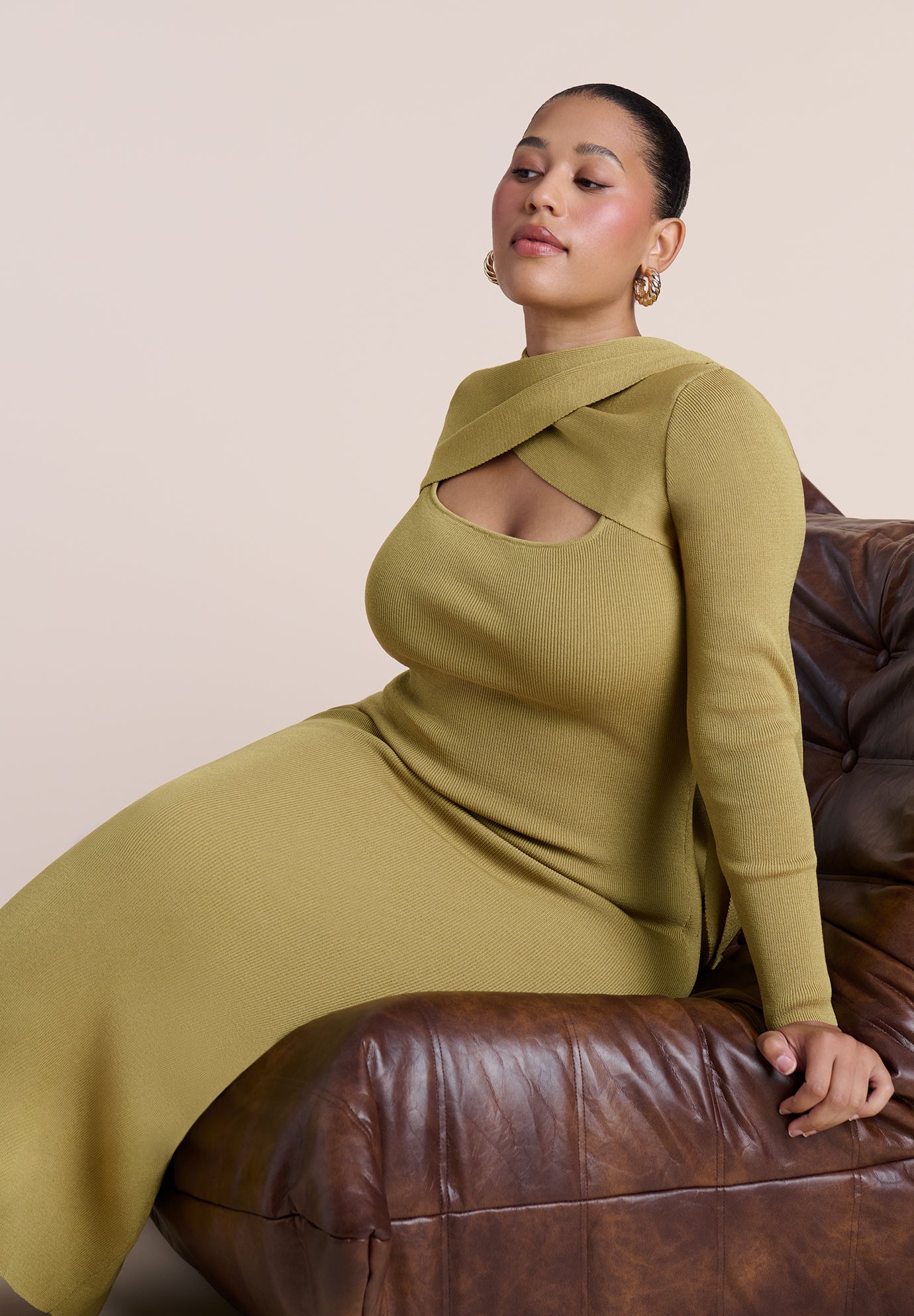 Wrap Scarf-Detail Sweater Midi Dress image number 5