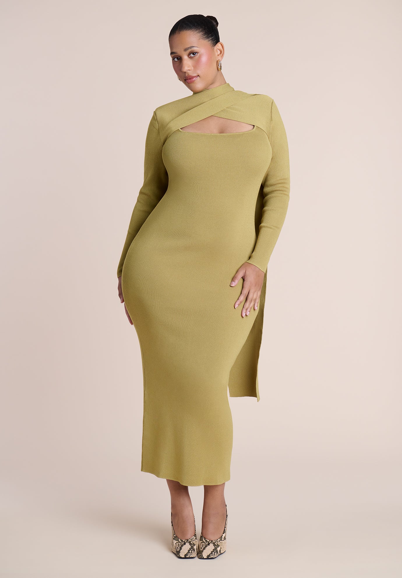 Wrap Scarf-Detail Sweater Midi Dress