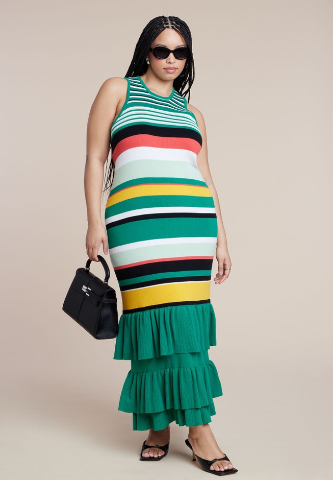 Stripe & Ruffle Sweater Dress | ELOQUII Stripe & Ruffle Sweater Dress | ELOQUII
