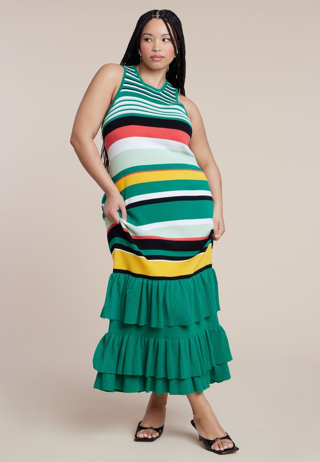 Stripe & Ruffle Sweater Dress | ELOQUII Stripe & Ruffle Sweater Dress | ELOQUII