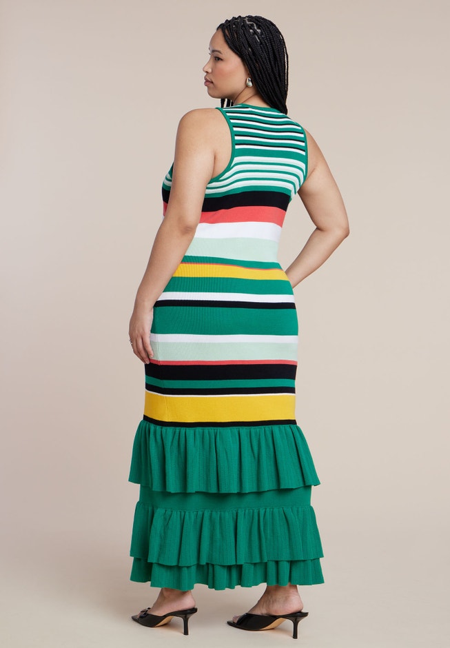 Stripe & Ruffle Sweater Dress | ELOQUII Stripe & Ruffle Sweater Dress | ELOQUII