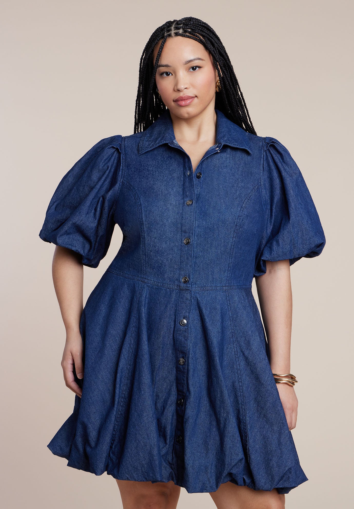 Bubble Detail Denim Mini Dress  image number 1