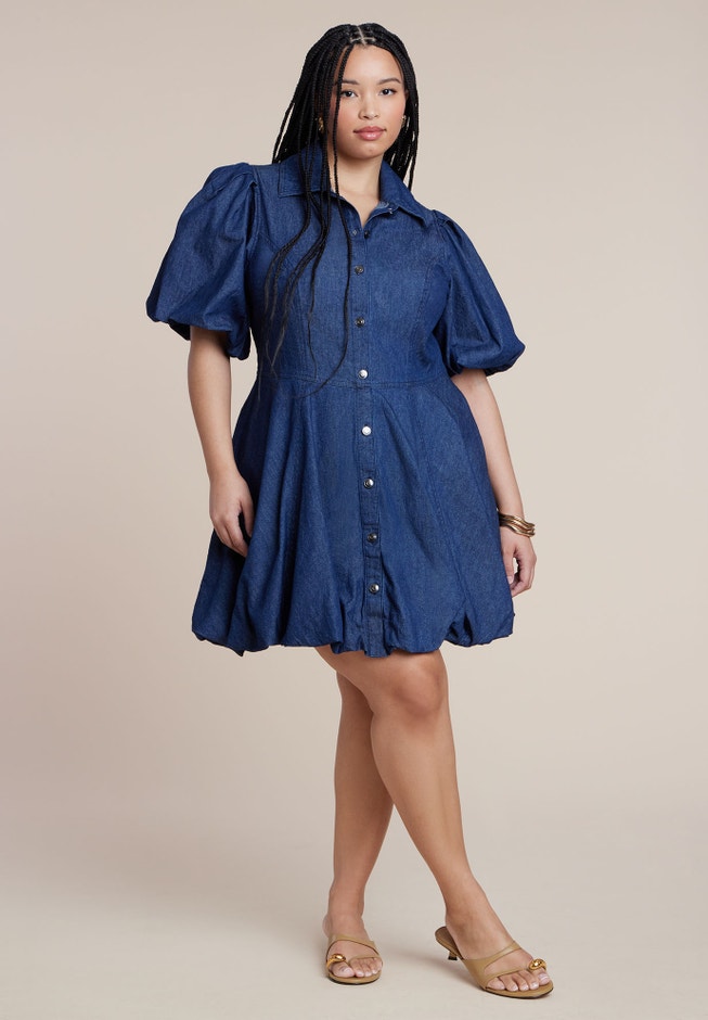 Bubble Detail Denim Mini Dress | ELOQUII Bubble Detail Denim Mini Dress | ELOQUII