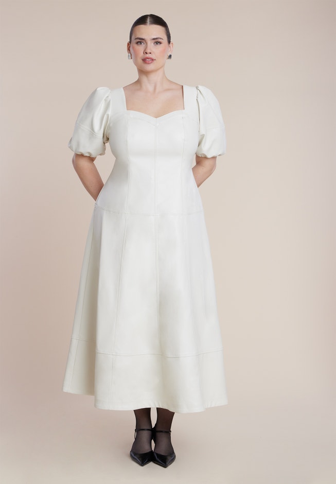 ELOQUII Women's Plus Size Faux Leather Puff Sleeve Maxi Dress - Tofu ELOQUII Women's Plus Size Faux Leather Puff Sleeve Maxi Dress - Tofu