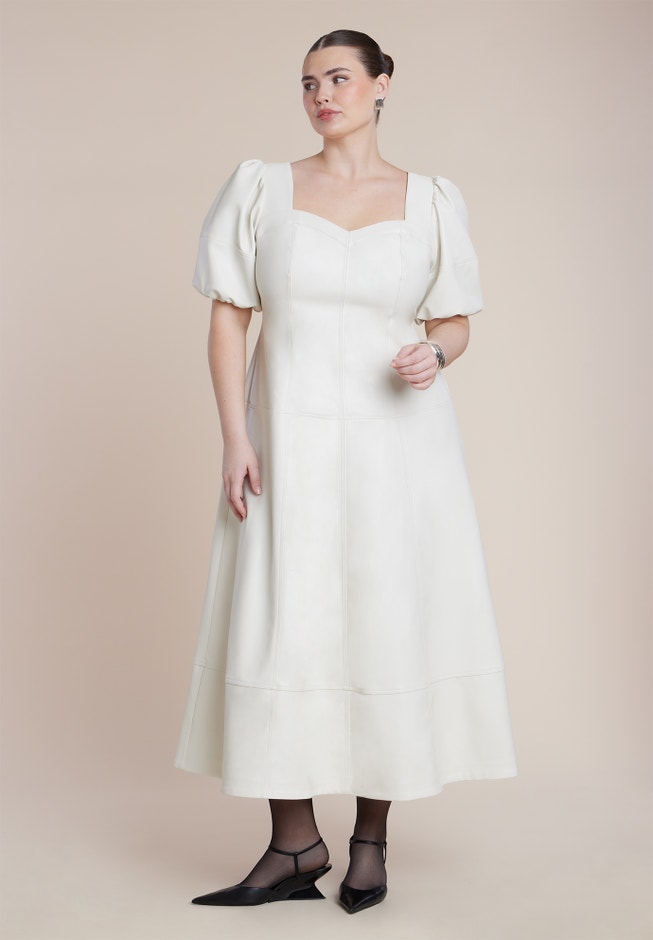 ELOQUII Women's Plus Size Faux Leather Puff Sleeve Maxi Dress - Tofu ELOQUII Women's Plus Size Faux Leather Puff Sleeve Maxi Dress - Tofu