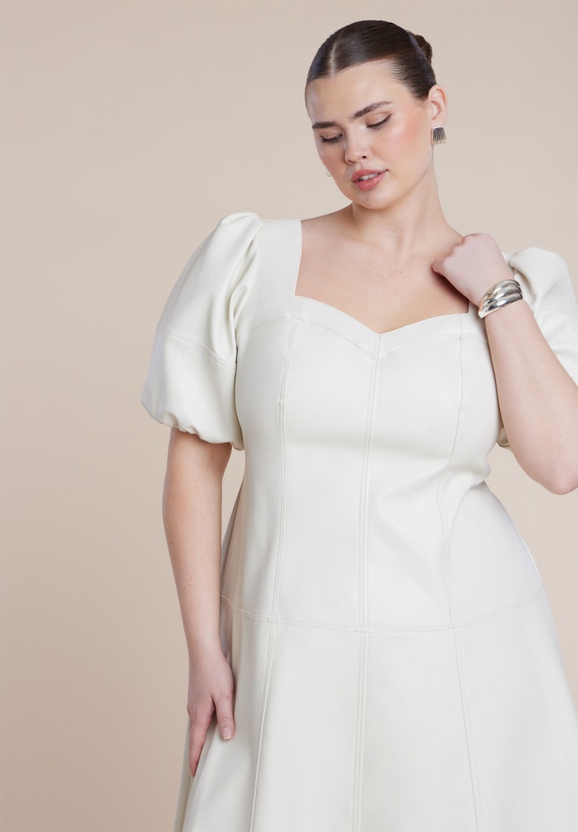 ELOQUII Women's Plus Size Faux Leather Puff Sleeve Maxi Dress - Tofu ELOQUII Women's Plus Size Faux Leather Puff Sleeve Maxi Dress - Tofu