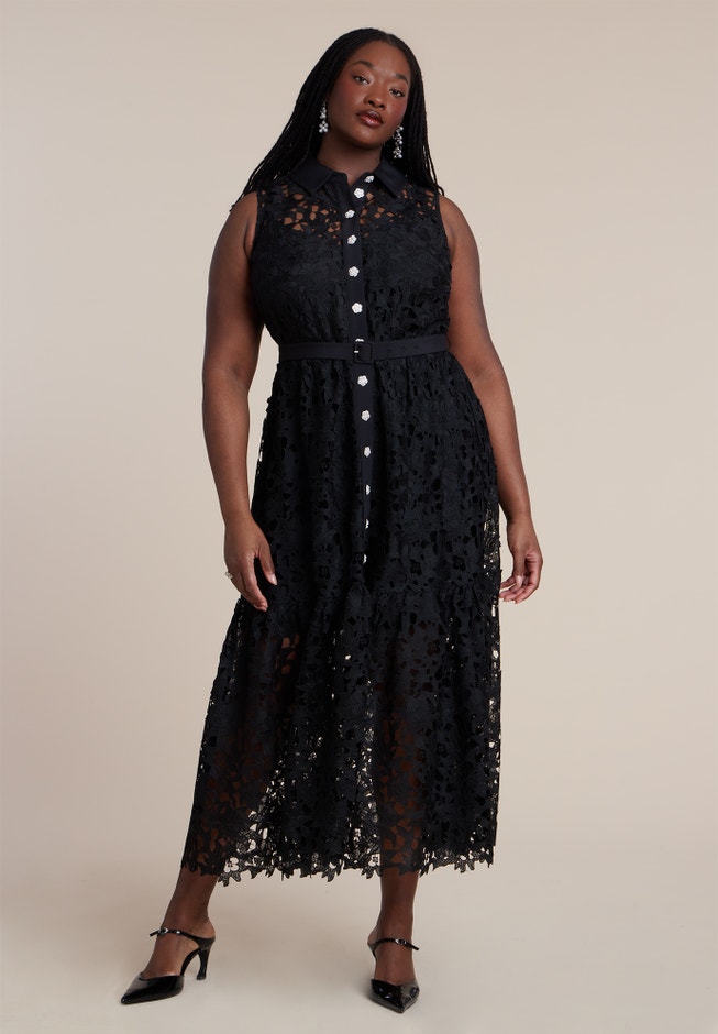 ELOQUII Women's Lace Dress With Buttons and Collar - Black Onyx ELOQUII Women's Lace Dress With Buttons and Collar - Black Onyx
