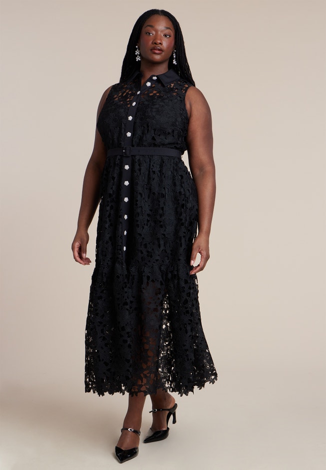 ELOQUII Women's Lace Dress With Buttons and Collar - Black Onyx ELOQUII Women's Lace Dress With Buttons and Collar - Black Onyx