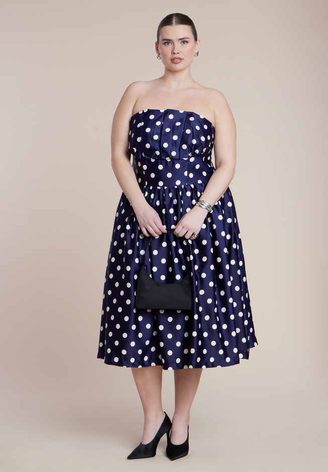 Strapless Polka Dot Flare Midi Dress Strapless Polka Dot Flare Midi Dress