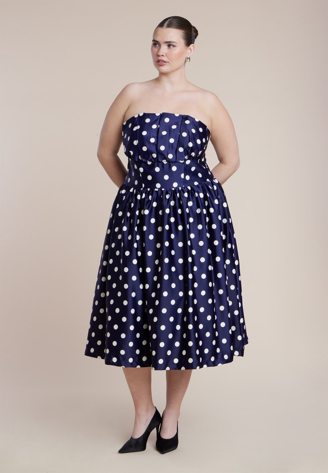 Plus Size Women's Strapless Polka Dot Flare Midi Dress by ELOQUII in Evening Dot (Size 26) Plus Size Women's Strapless Polka Dot Flare Midi Dress by ELOQUII in Evening Dot (Size 26)