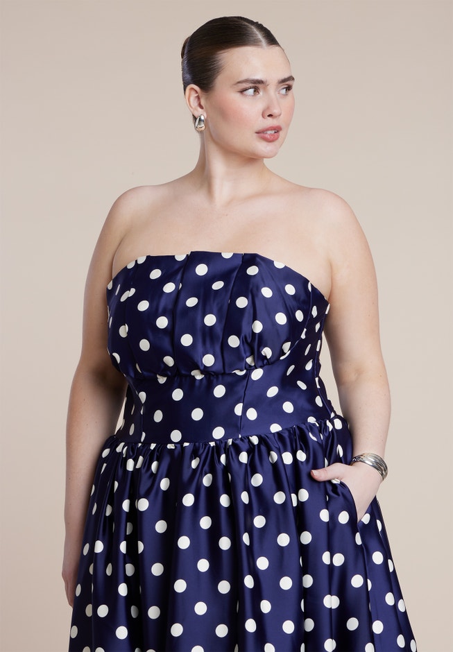 Strapless Polka Dot Flare Midi Dress | ELOQUII Strapless Polka Dot Flare Midi Dress | ELOQUII