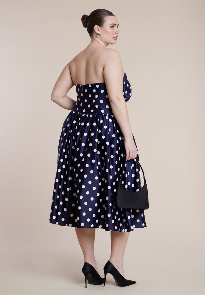 Strapless Polka Dot Flare Midi Dress Strapless Polka Dot Flare Midi Dress