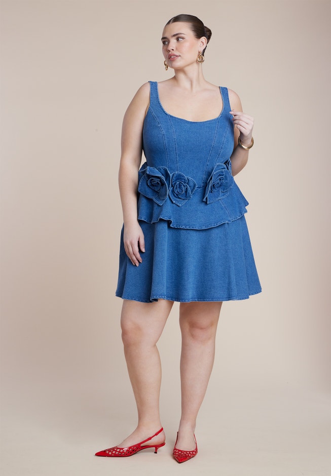 Denim Flower Applique Mini Dress image number 1