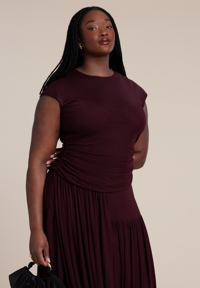 Drape Detail Fitted Mesh Dress