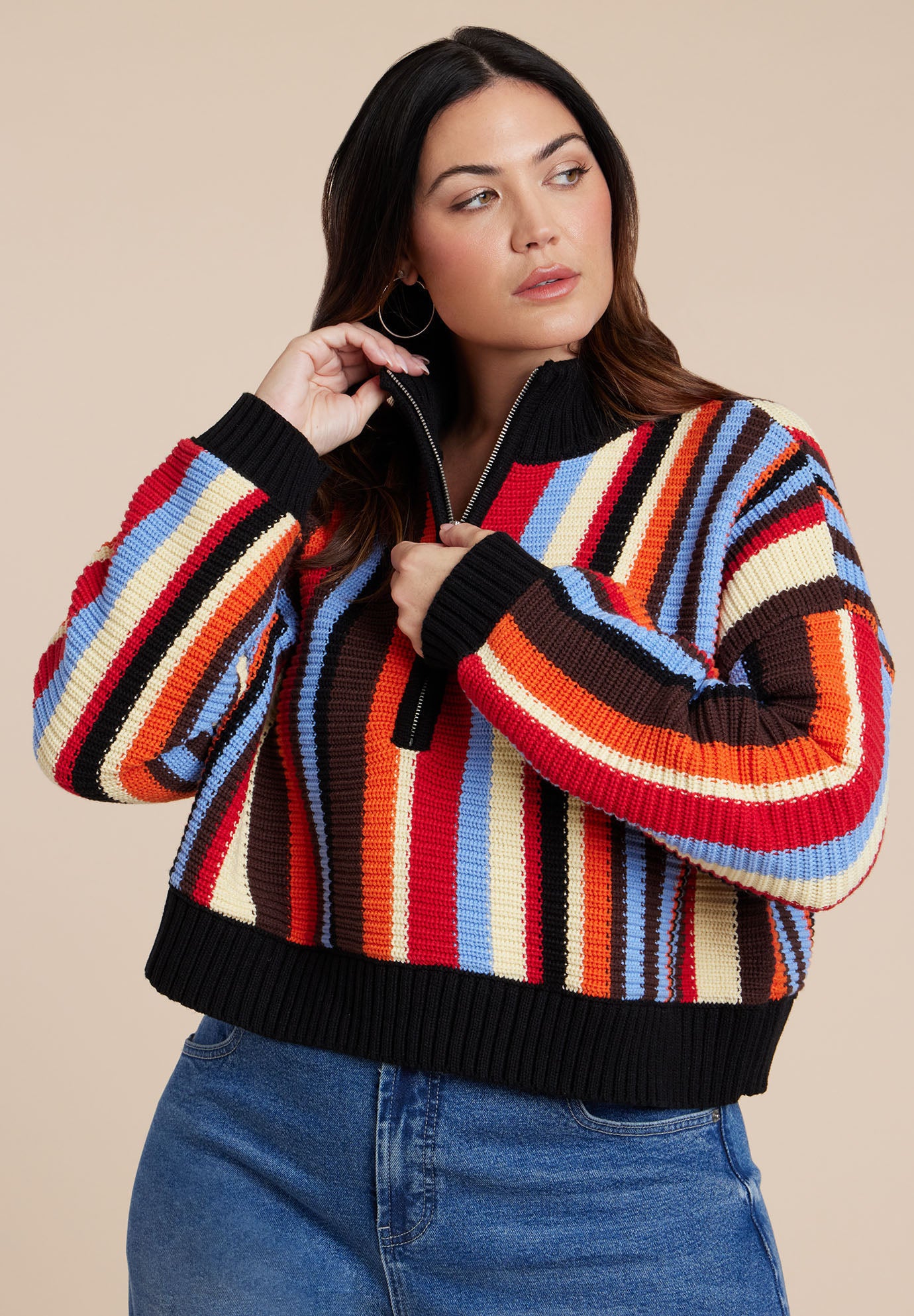 Striped Zipper Front Pullover image number 2