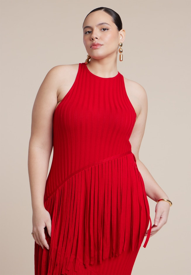 ELOQUII Women's Plus Size Ribbed Fringe Maxi Dress, Size: 26/28, Red ELOQUII Women's Plus Size Ribbed Fringe Maxi Dress, Size: 26/28, Red