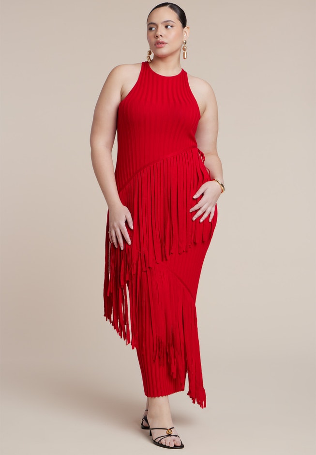 ELOQUII Women's Plus Size Ribbed Fringe Maxi Dress, Size: 26/28, Red ELOQUII Women's Plus Size Ribbed Fringe Maxi Dress, Size: 26/28, Red