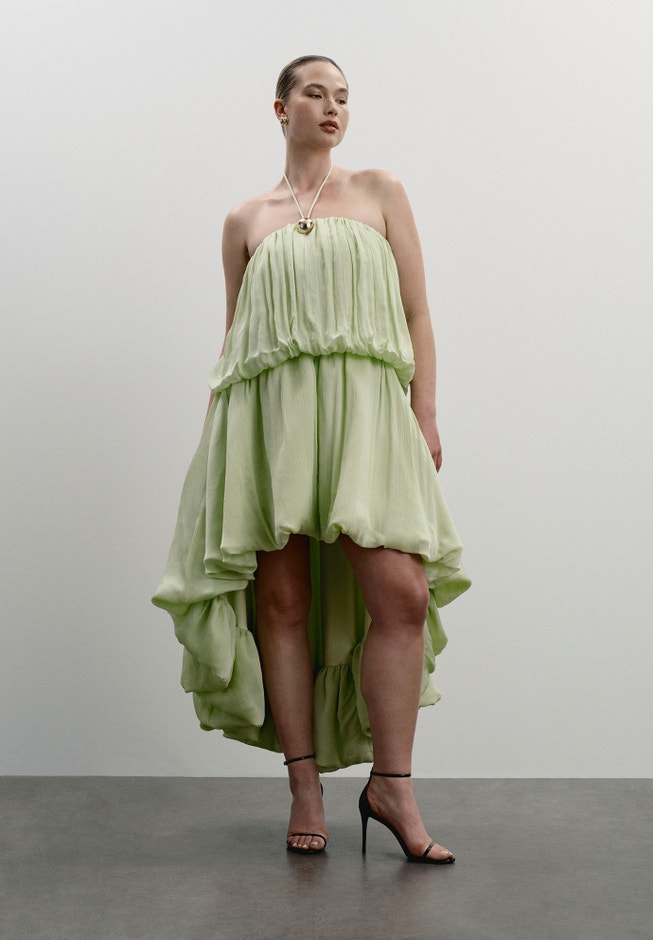 green bubble dress Beverly ~ Key Lime Light Taffeta Show Me Your Mumu The Sherri Hill Dress 57304 is a striking mini dress featuring a bold strapless neckline and a playful bubble skirt Green bubble dress Graceful