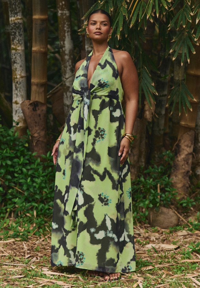 Plus Size Women's Tie-Detail Halter Maxi Dress by ELOQUII in Green Petunia (Size 26) Plus Size Women's Tie-Detail Halter Maxi Dress by ELOQUII in Green Petunia (Size 26)