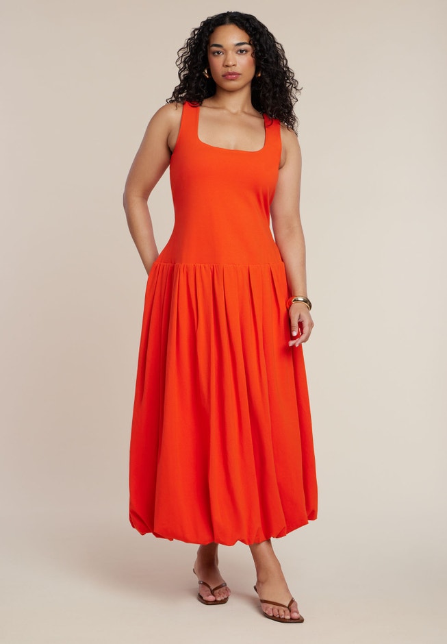 Plus Size Women's Drop-Waist Bubble Maxi Dress by ELOQUII in Deep Poppy (Size 28) Plus Size Women's Drop-Waist Bubble Maxi Dress by ELOQUII in Deep Poppy (Size 28)