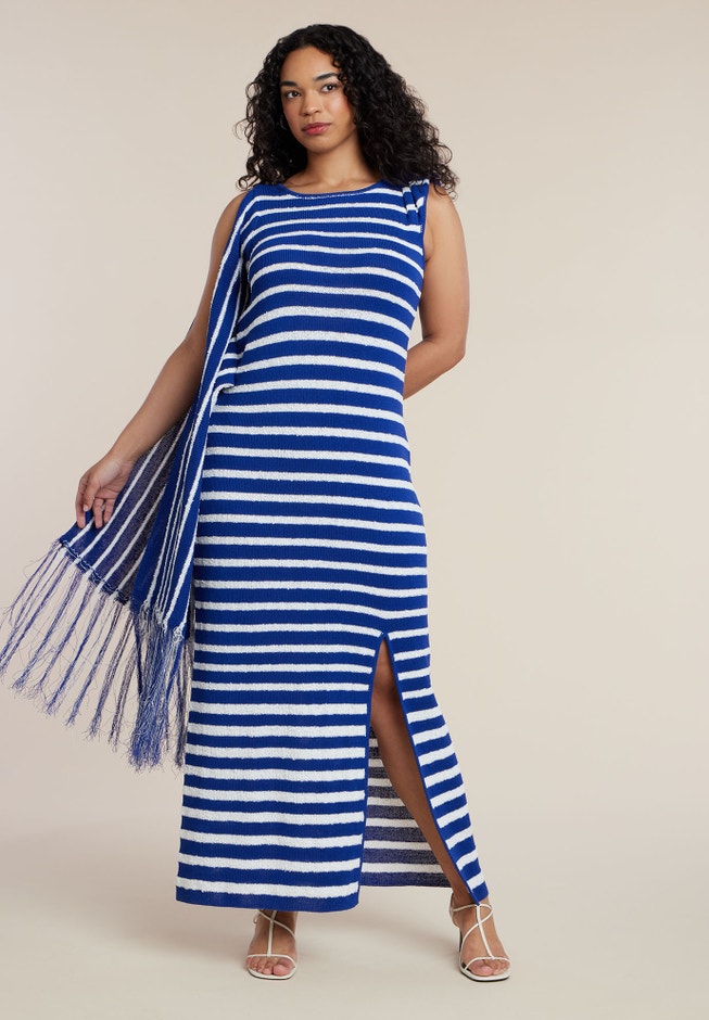 Plus Size Women's Fringe Detail Striped Knit Maxi Dress by ELOQUII in Blue White Stripe (Size 14/16) Plus Size Women's Fringe Detail Striped Knit Maxi Dress by ELOQUII in Blue White Stripe (Size 14/16)
