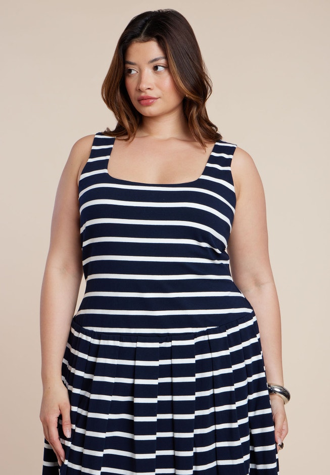 Striped Drop-Waist Bubble Maxi Dress | ELOQUII Striped Drop-Waist Bubble Maxi Dress | ELOQUII