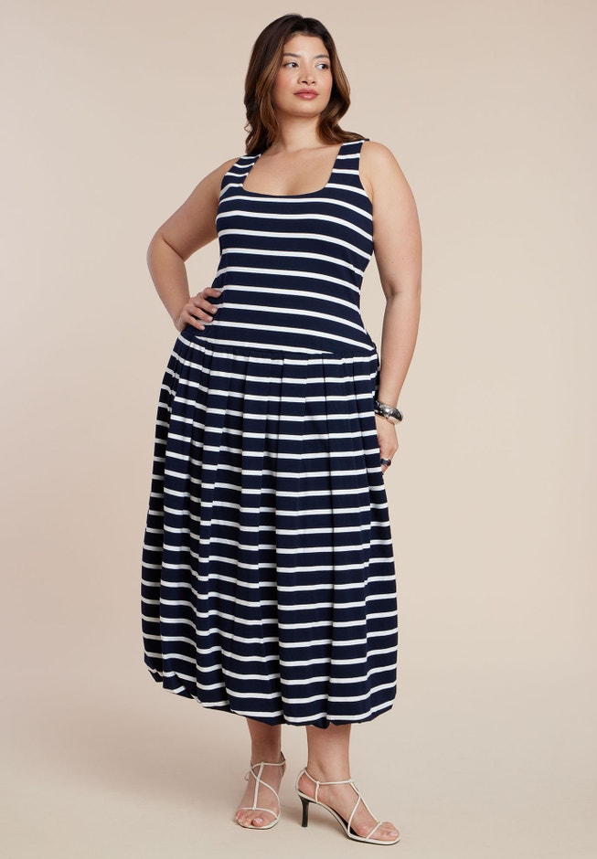 Plus Size Women's Striped Drop-Waist Bubble Maxi Dress by ELOQUII in Navy Stripe (Size 16) Plus Size Women's Striped Drop-Waist Bubble Maxi Dress by ELOQUII in Navy Stripe (Size 16)