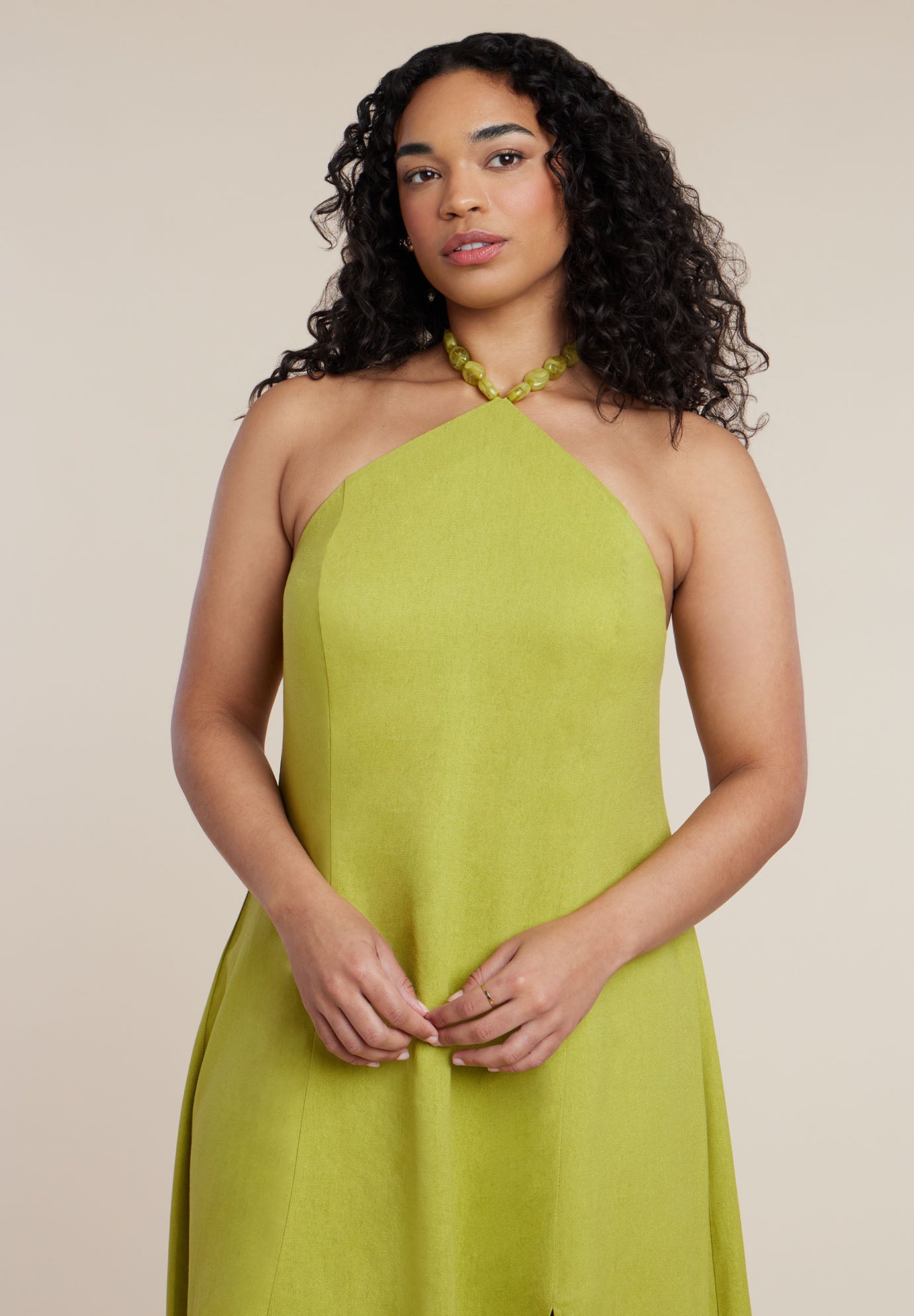 Bead Detail Linen Halter Midi Dress image number 2