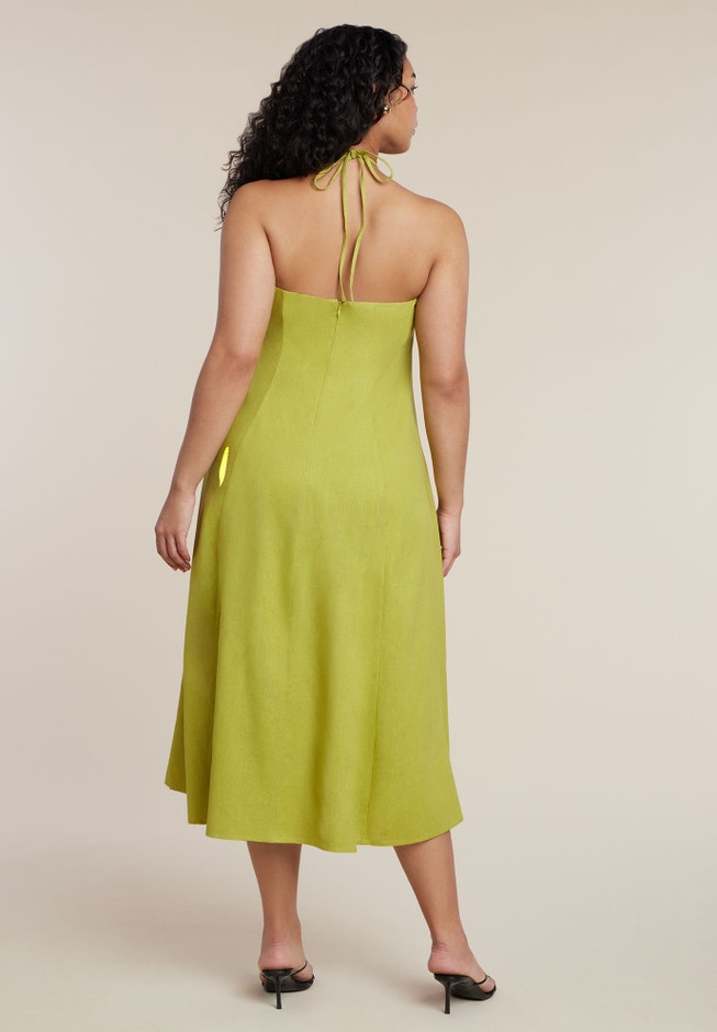 Bead Detail Linen Halter Midi Dress | ELOQUII Bead Detail Linen Halter Midi Dress | ELOQUII