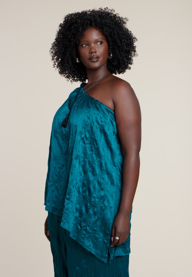 Knotted Asymmetric Crinkle Satin Top image number 1
