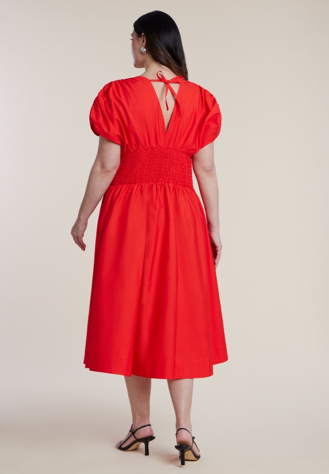 V Neck Flared Poplin Midi Dress image number 1