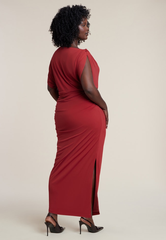 red knot midi dress Final Sale Plus Size Long Sleeve Side Knot Wrap Midi Dress in Red