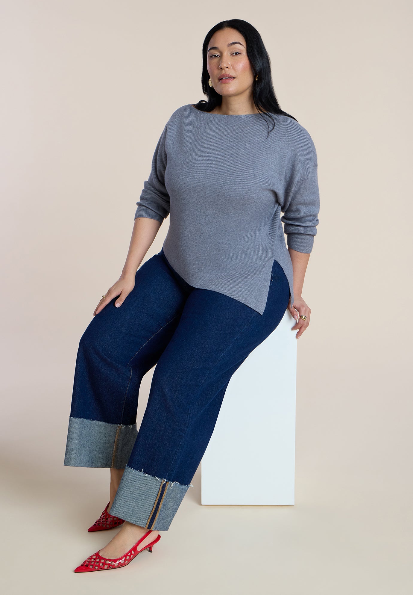 Off The Shoulder Sweater With Side Slit image number 4