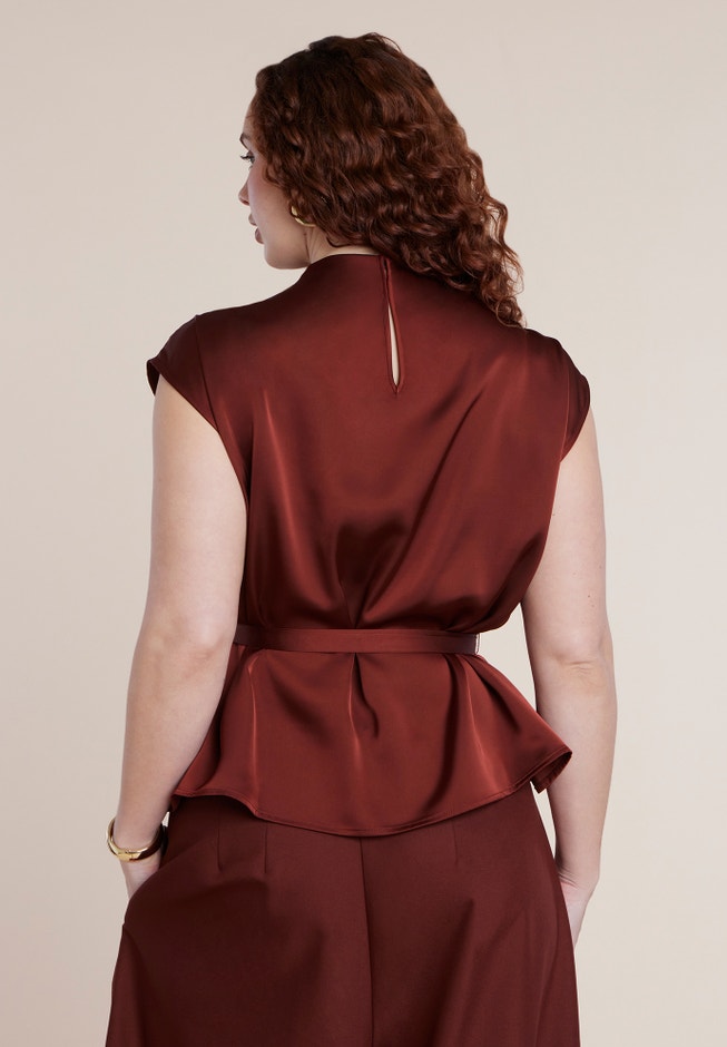 Satin Cowl Neck Belted Top image number 1