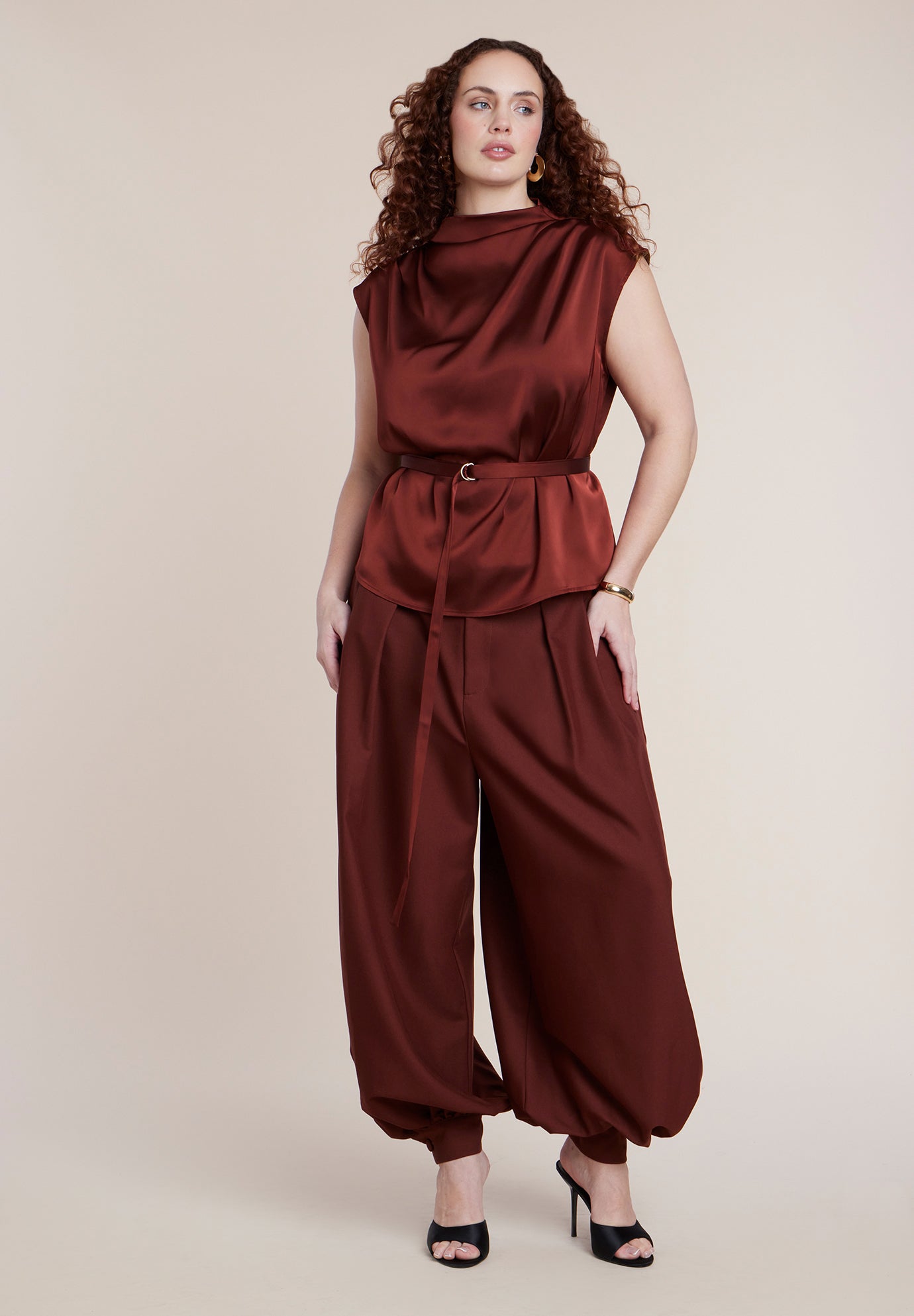 Satin Cowl Neck Belted Top image number 2