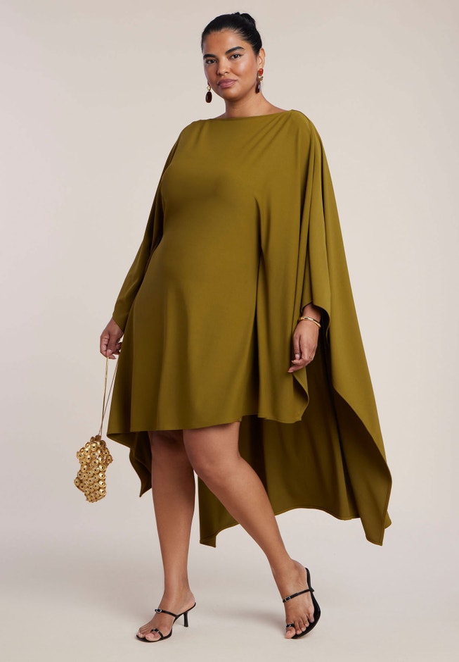 cape midi dress With Square Neckline 45607 Designed with a cape effect and all A-line Midi Dress with Cape