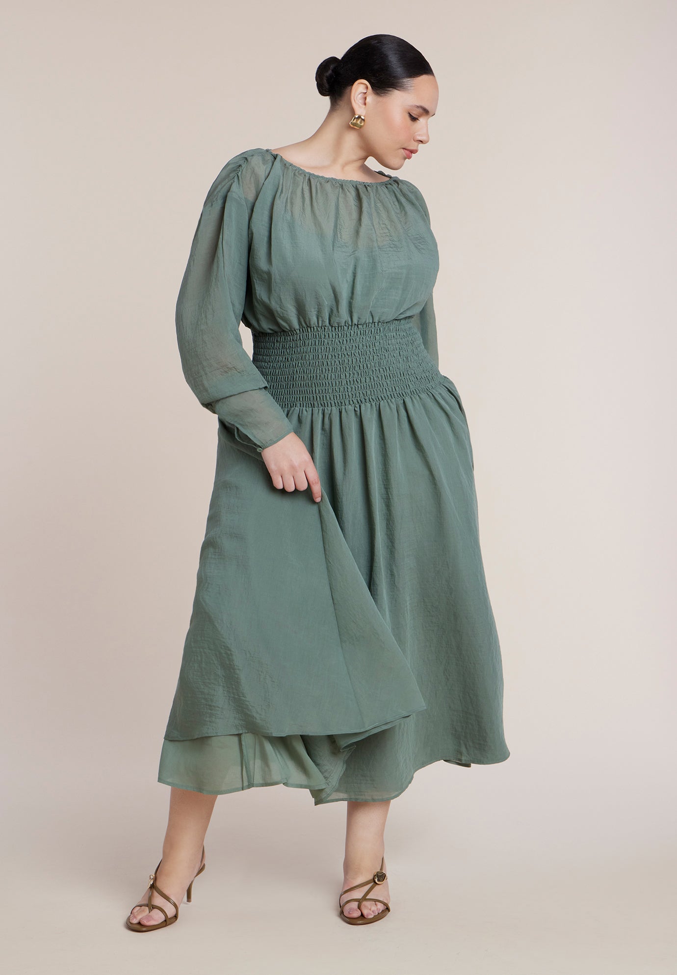 Dramatic Sleeve Smocked Midi Dress image number 1