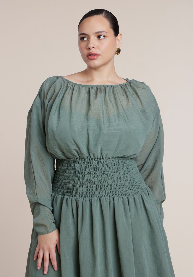 Dramatic Sleeve Smocked Midi Dress image number 3