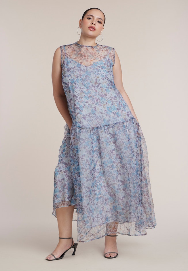 Printed Organza Drop Waist Midi Dress image number 1