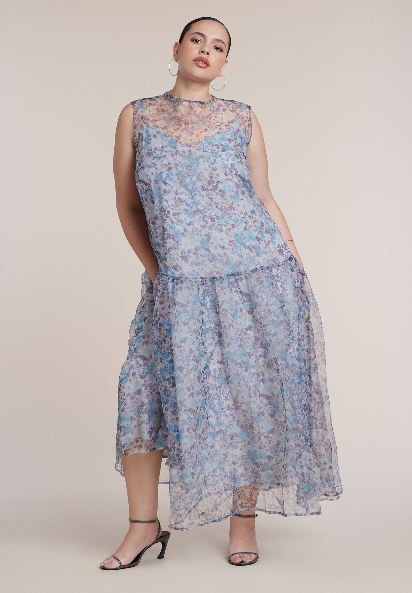 Printed Organza Drop Waist Midi Dress image number 0