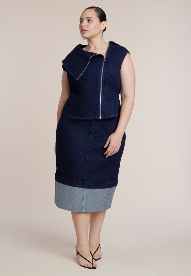Asymmetric Zip-Front Stretch Denim Top image number 2