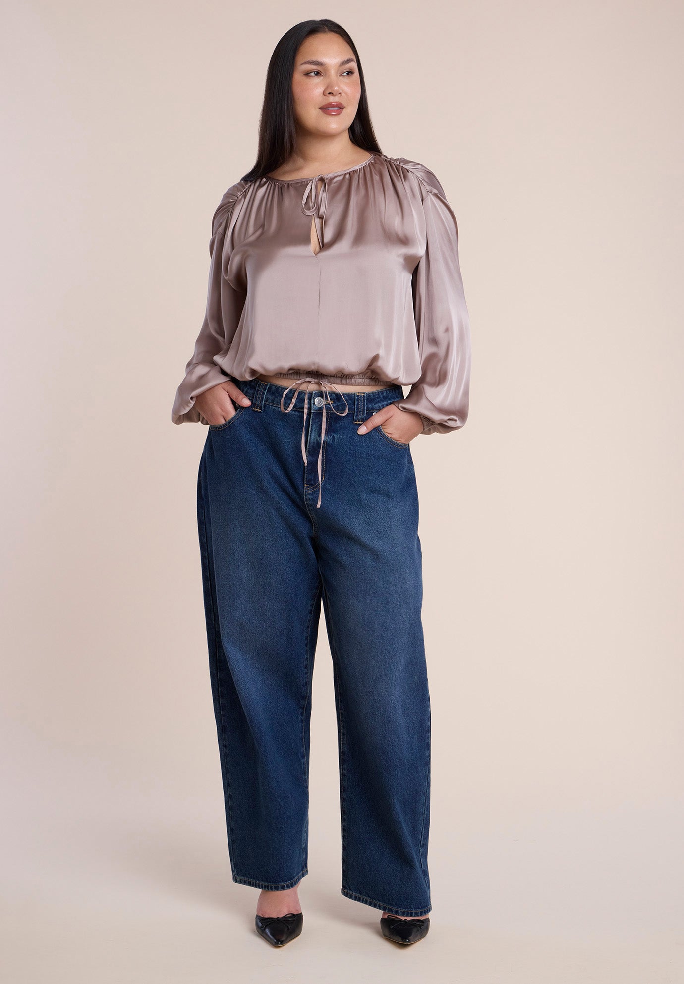 Satin Drawstring Peasant Blouse image number 2