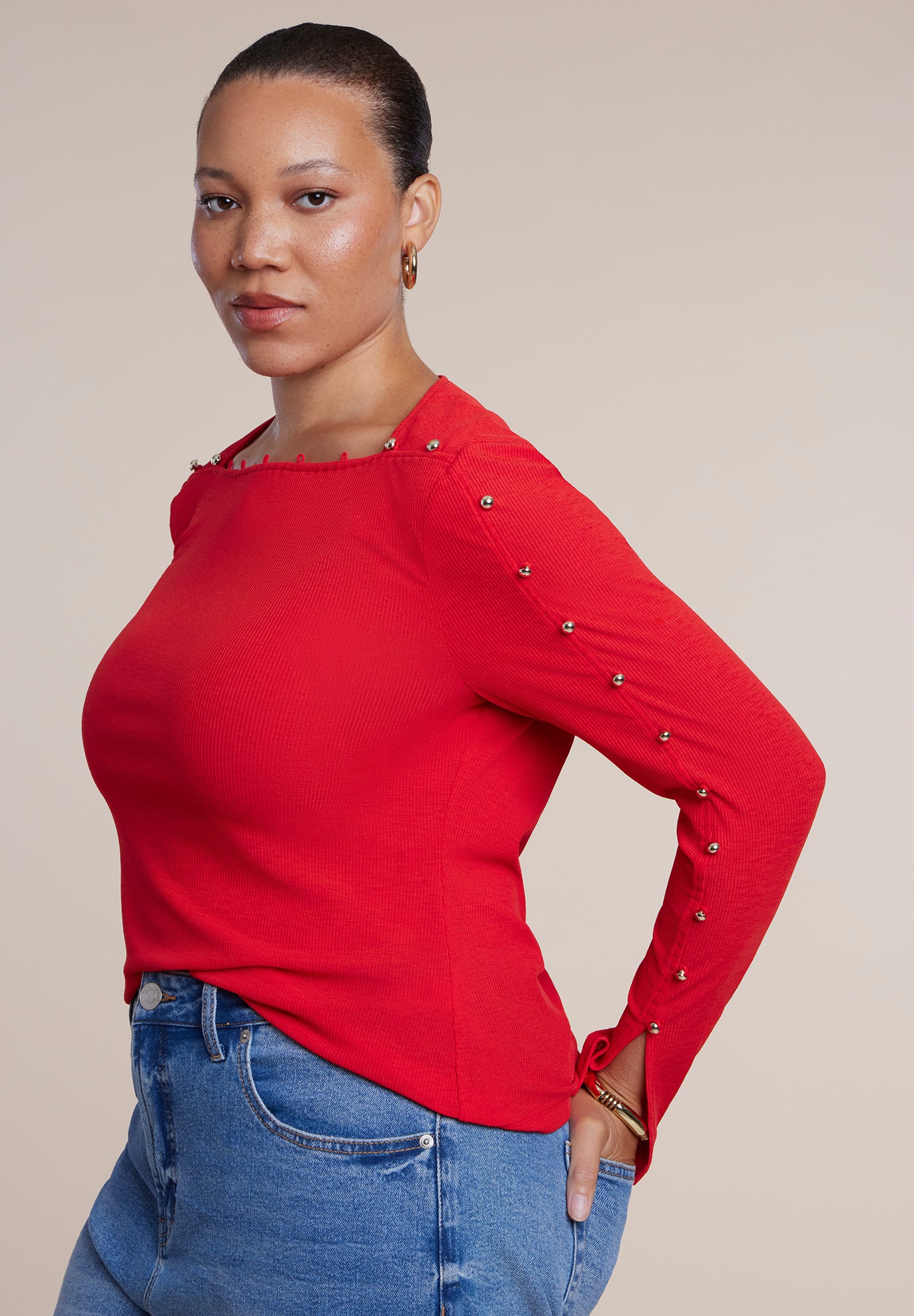Button-Detail Square Neck Knit Top image number 1